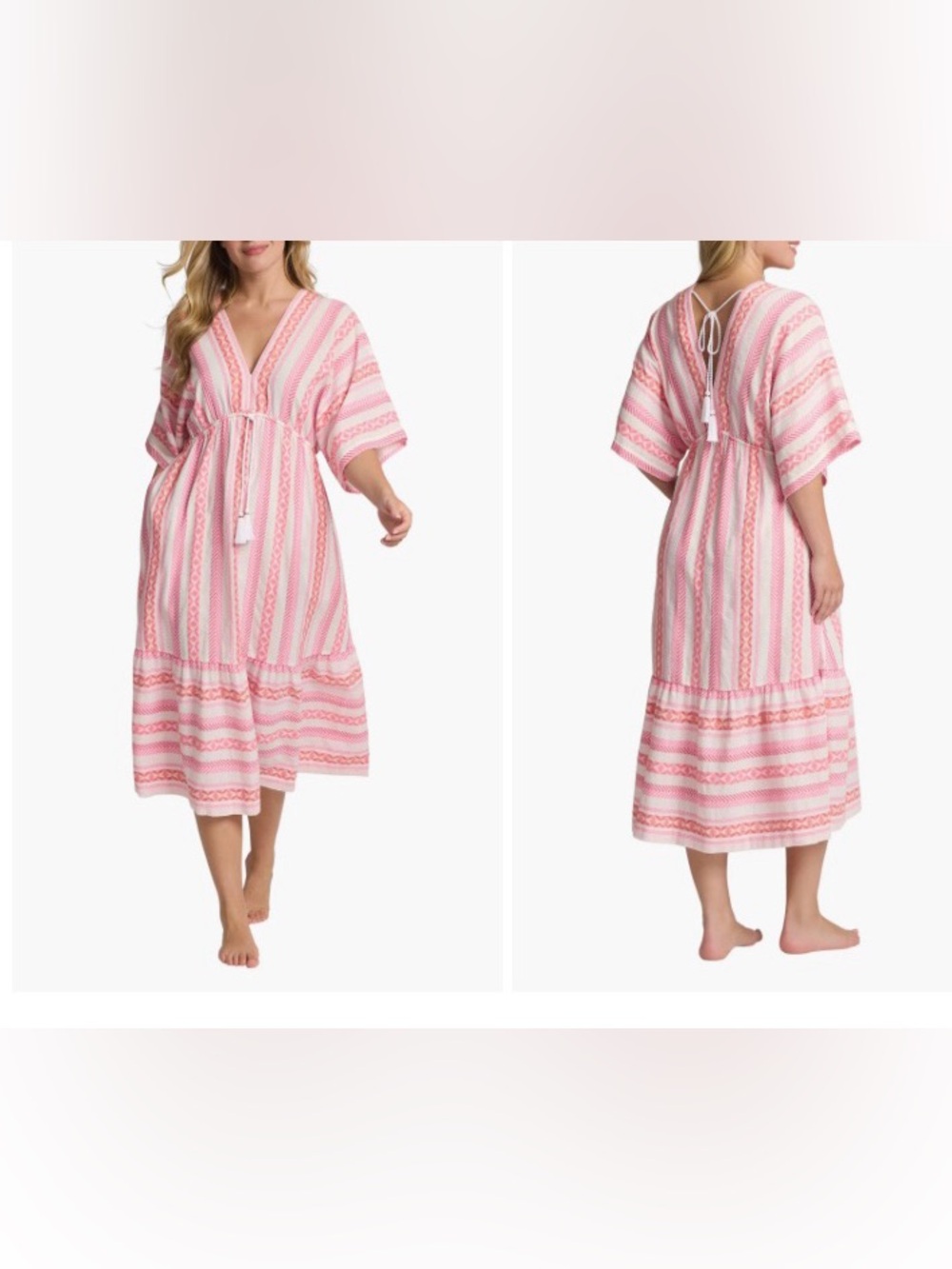 Tommy Bahama Pink Geo Jacquard Tassel Midi Dress XL Boho Beach Coverup Pockets